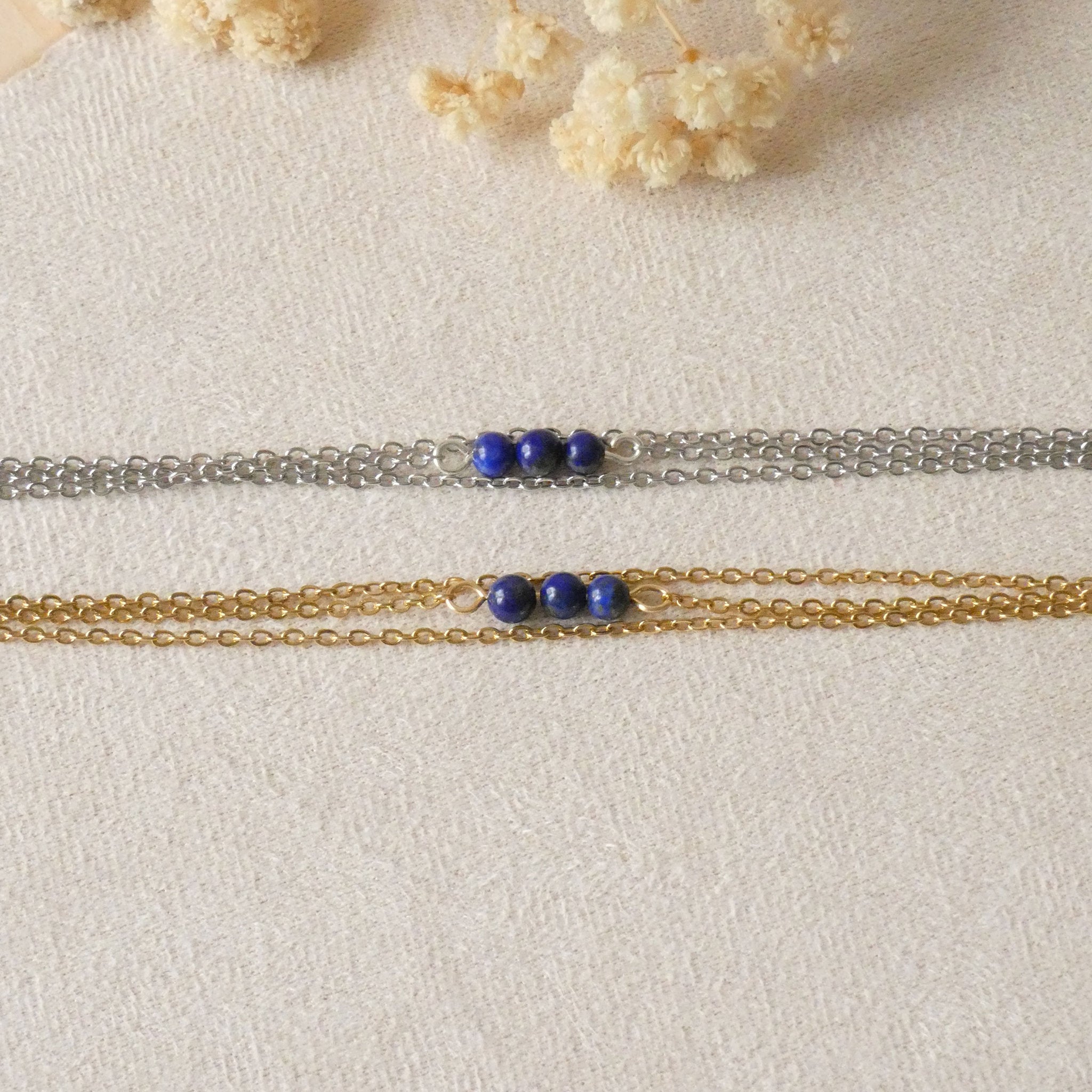 Bracelet acier inoxydable avec lapis lazuli - doré ou argenté au choix