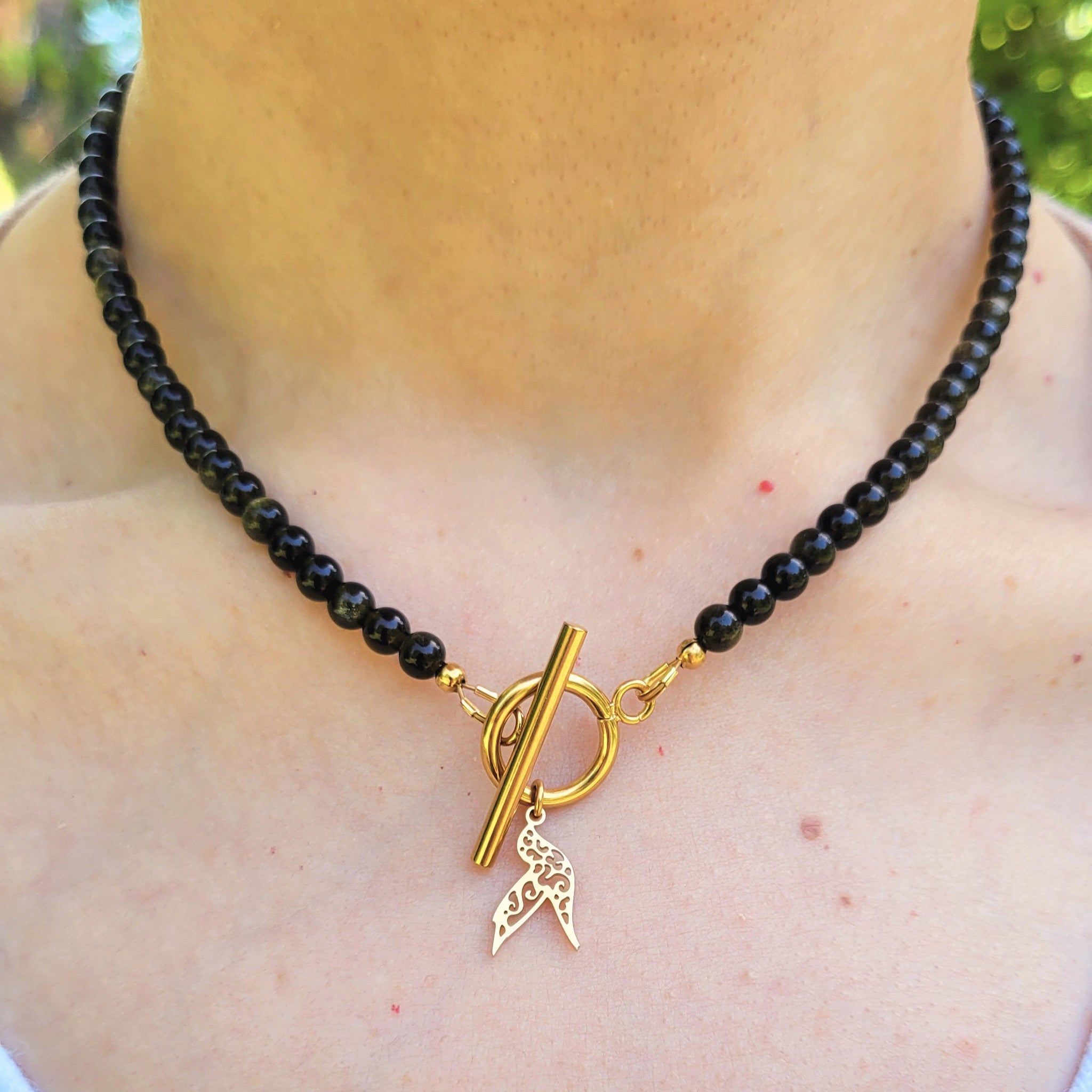 Collier Awen obsidienne dorée