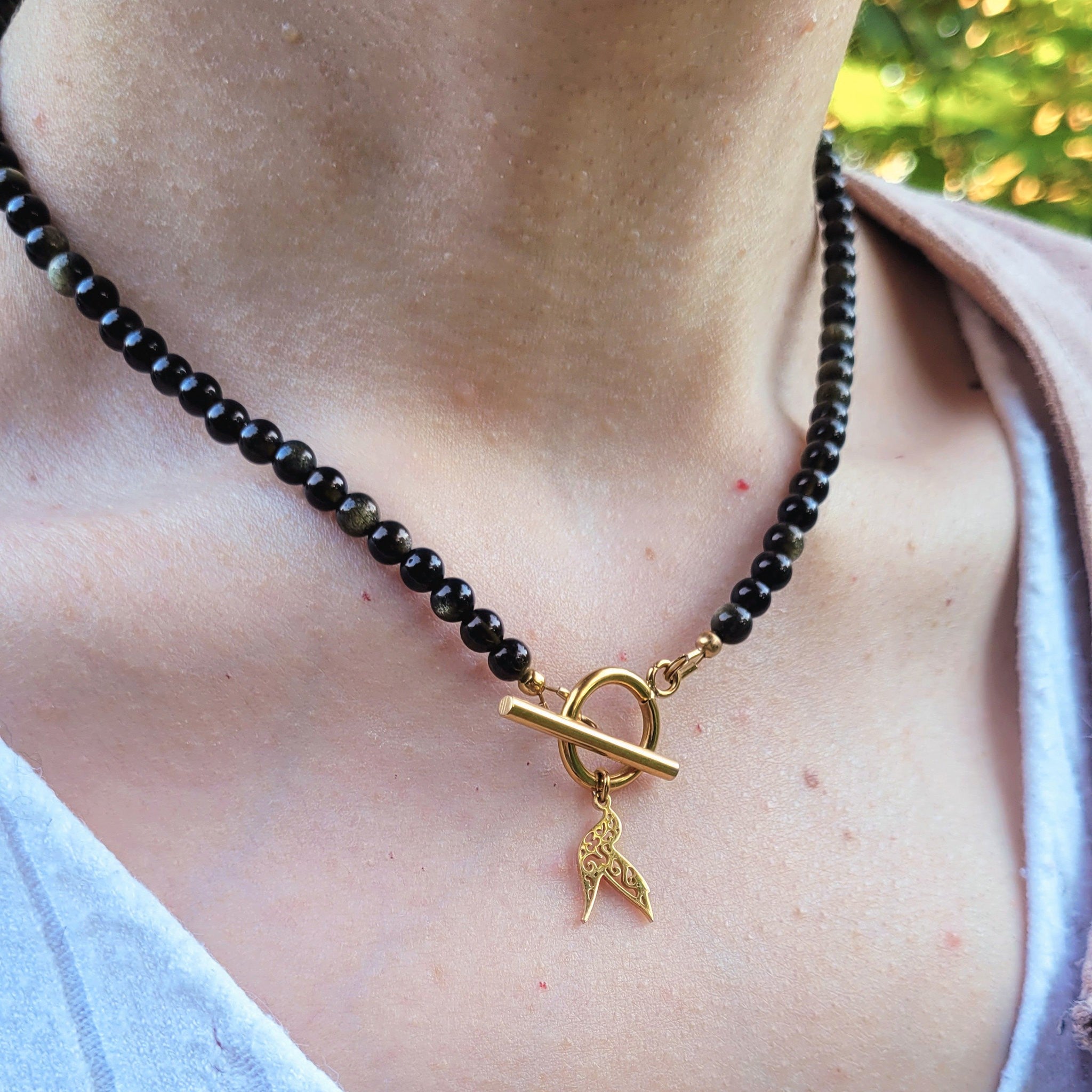 Collier Awen obsidienne dorée