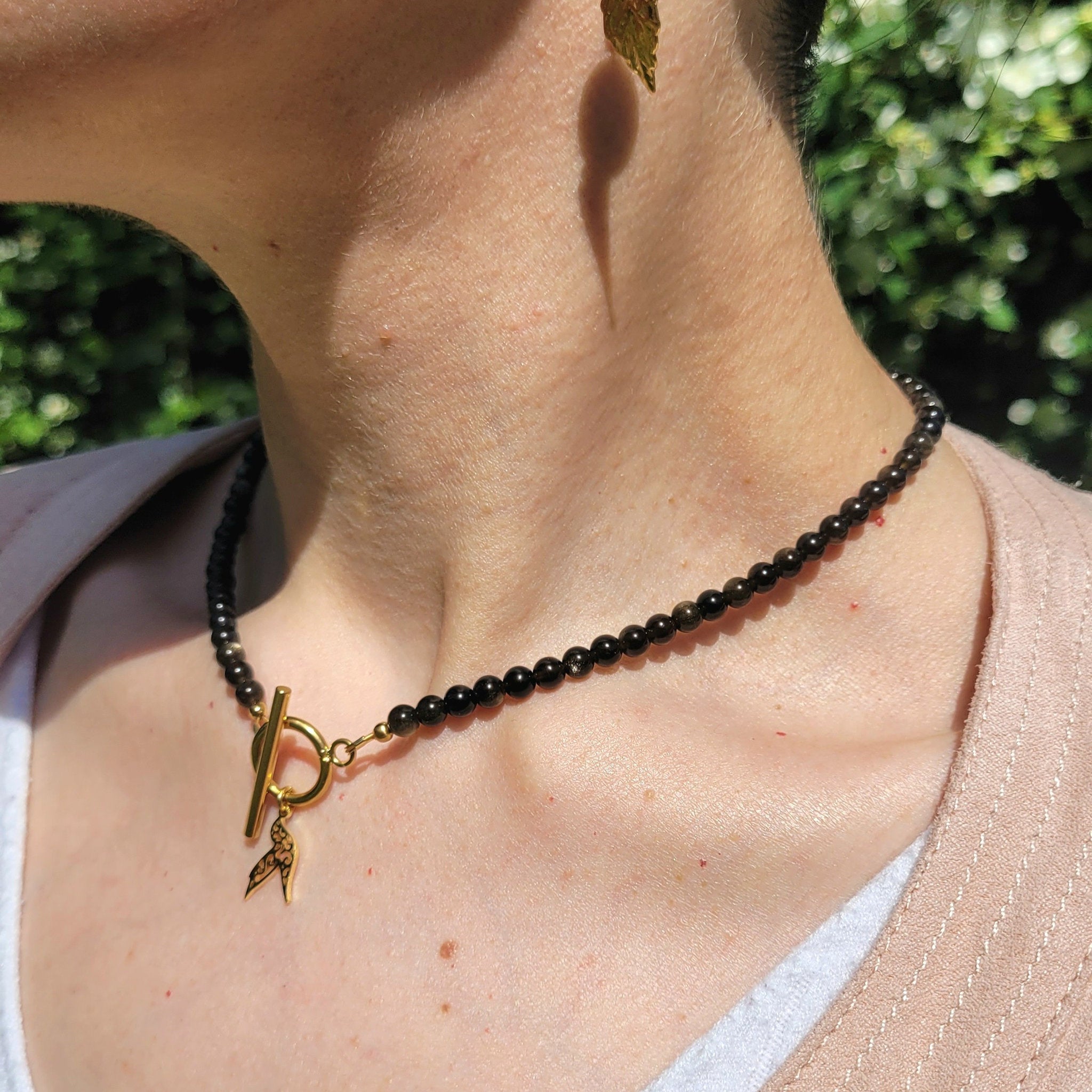 Collier Awen obsidienne dorée