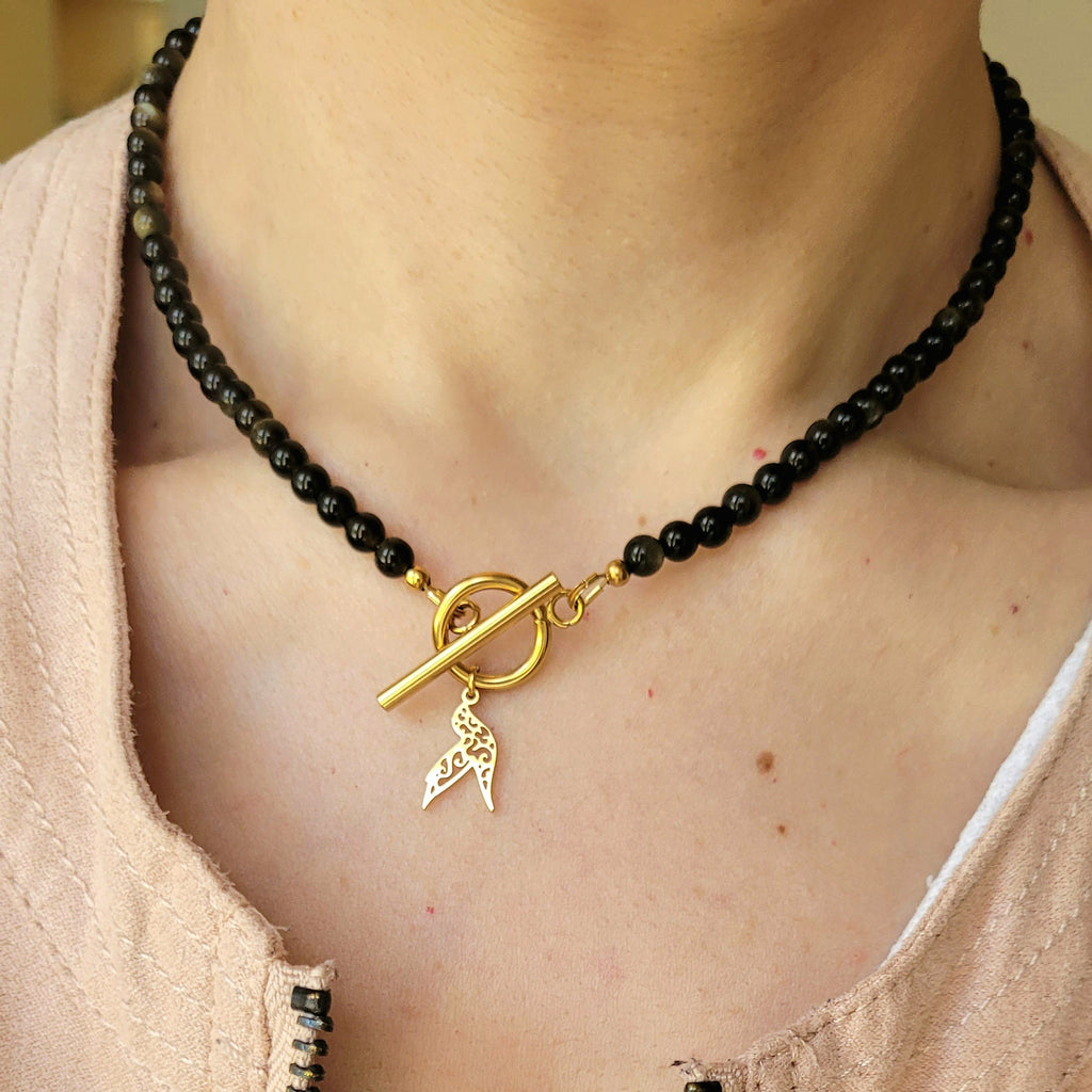 Collier Awen obsidienne dorée
