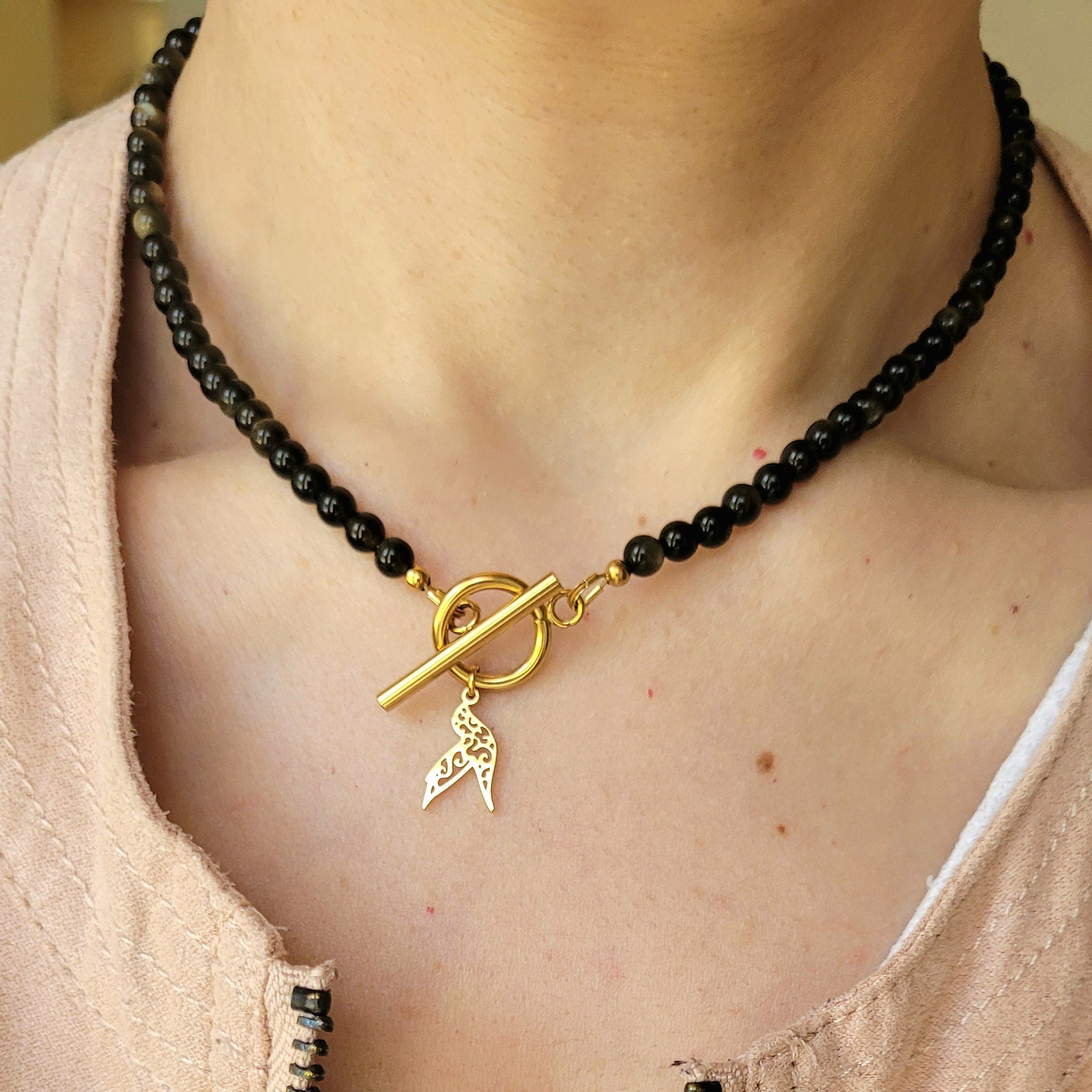 Collier Awen obsidienne dorée