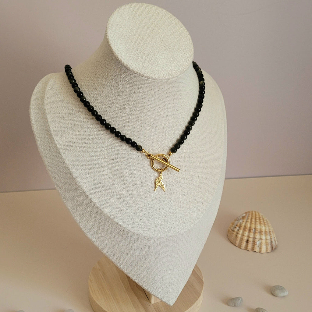 Collier Awen obsidienne dorée