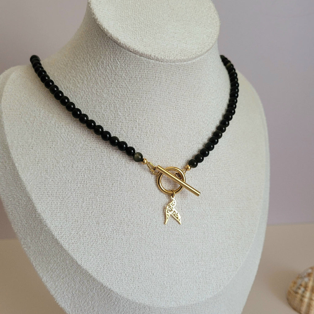 Collier Awen obsidienne dorée