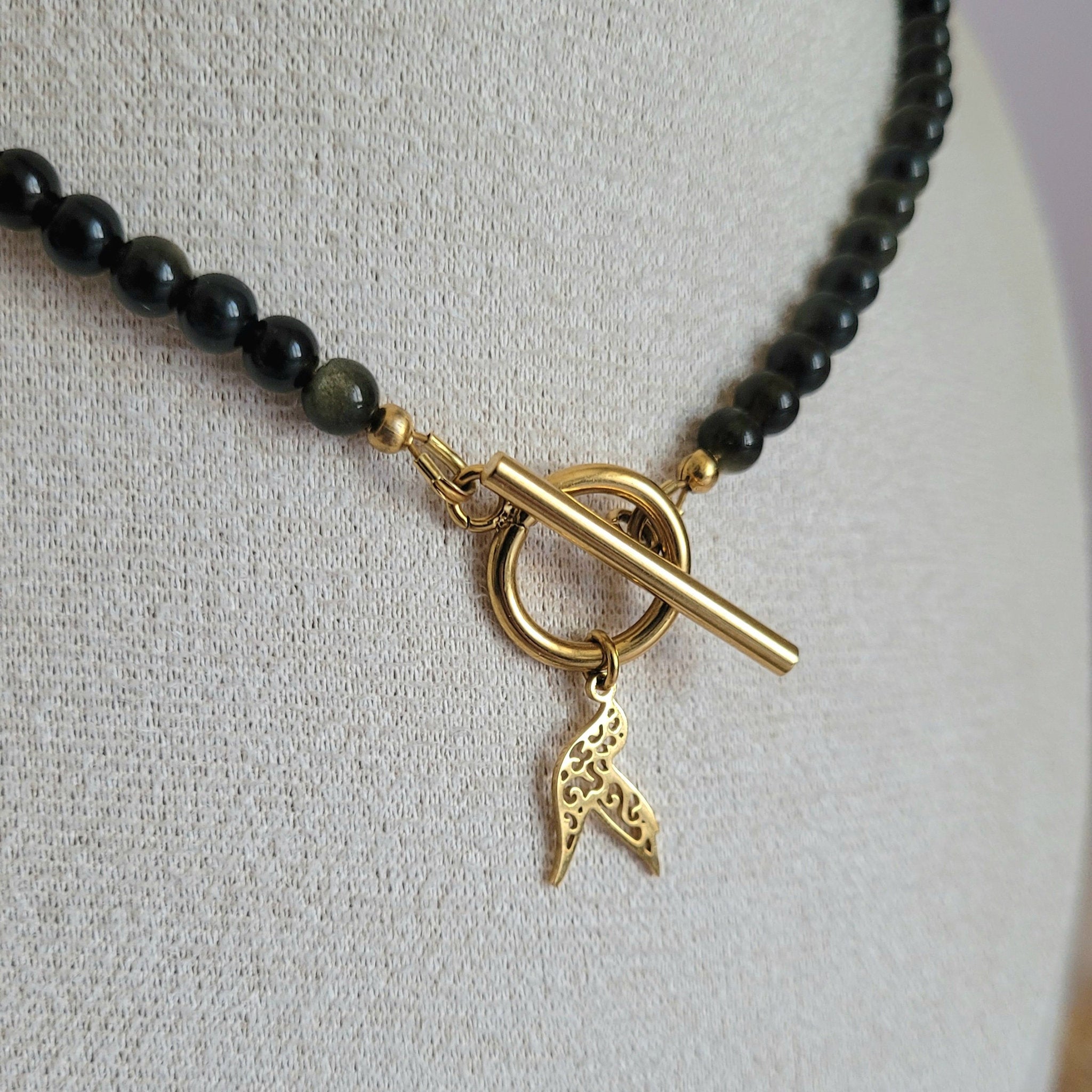 Collier Awen obsidienne dorée