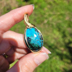 Pendentif chrysocolle et malachite 4,4 cm wire wrapping doré