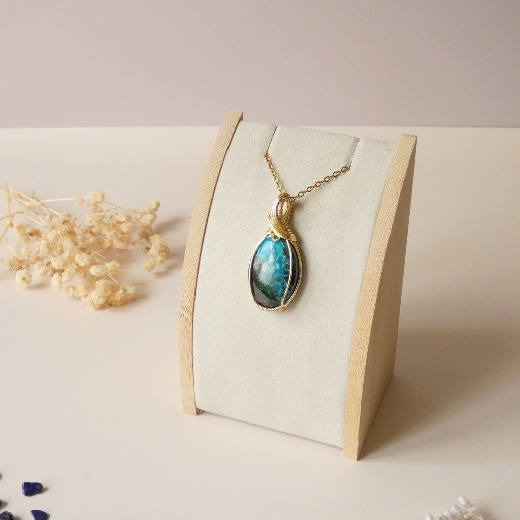 Pendentif chrysocolle et malachite 4,4 cm wire wrapping doré