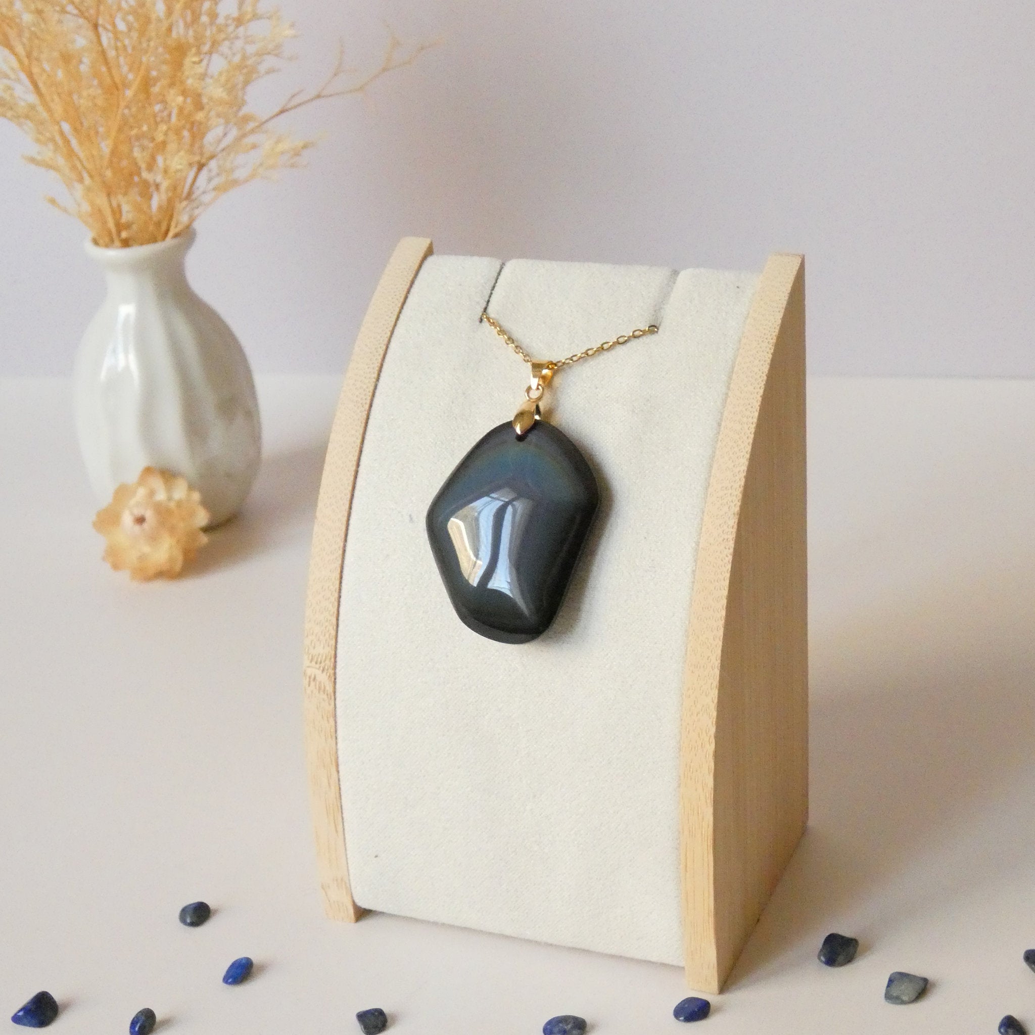 Pendentif forme libre obsidienne oeil céleste 3,9 cm – Bélière dorée