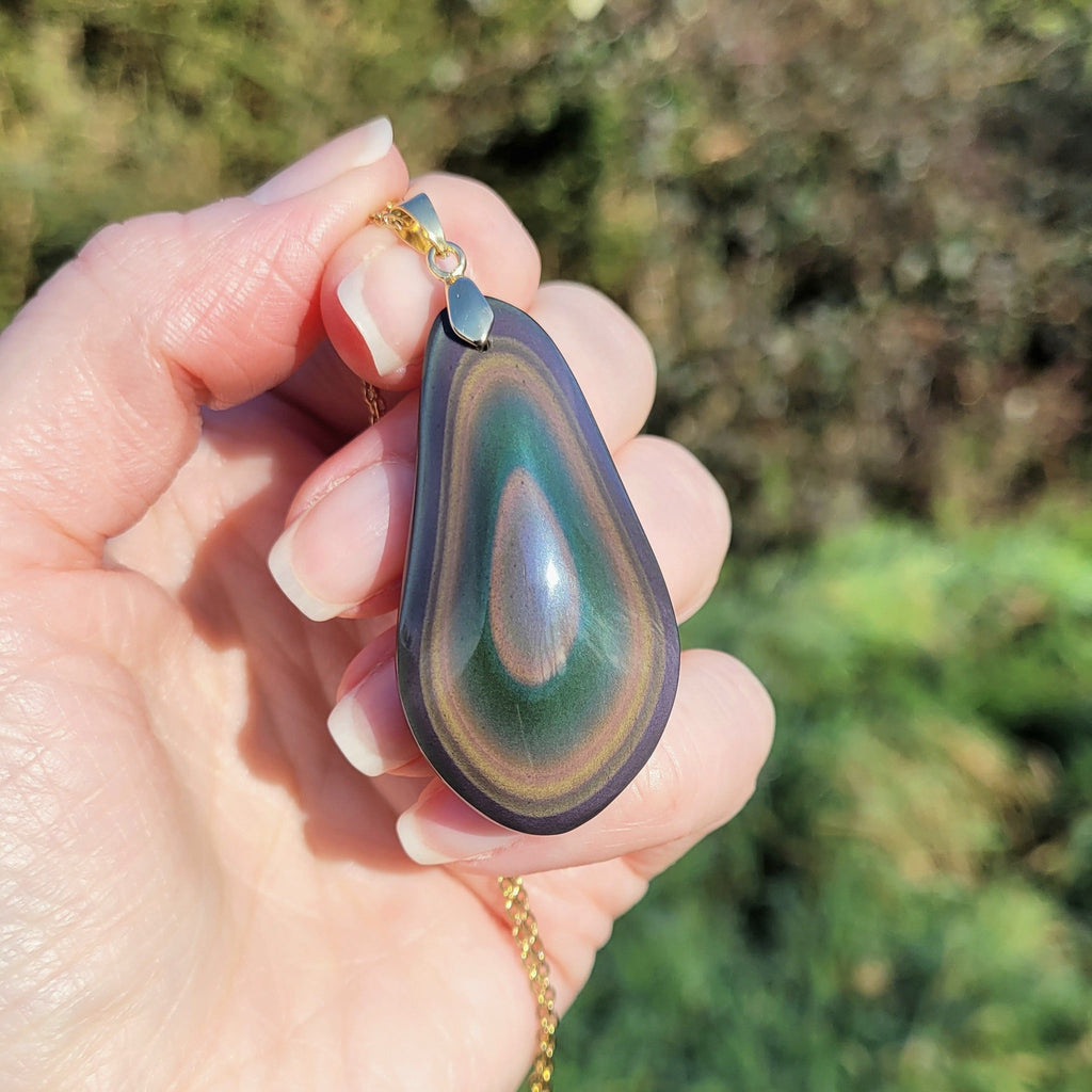 Pendentif forme libre obsidienne oeil céleste 4,7 cm – Bélière dorée