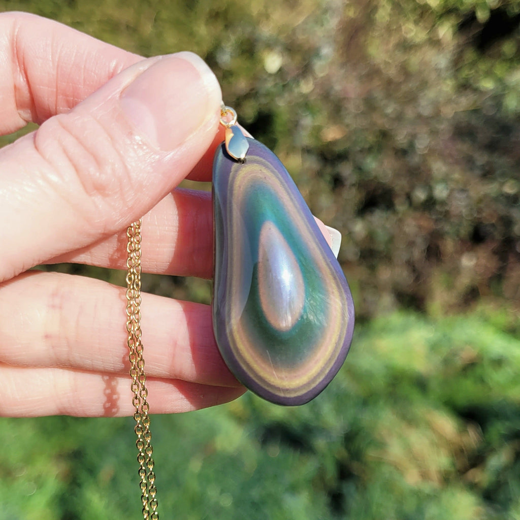 Pendentif forme libre obsidienne oeil céleste 4,7 cm – Bélière dorée