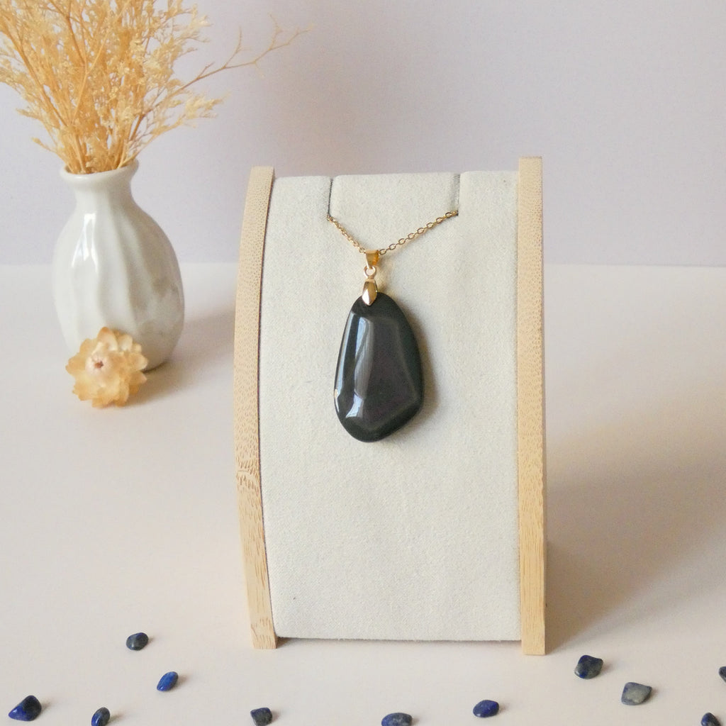 Pendentif forme libre obsidienne oeil céleste 3,7 cm – Bélière dorée