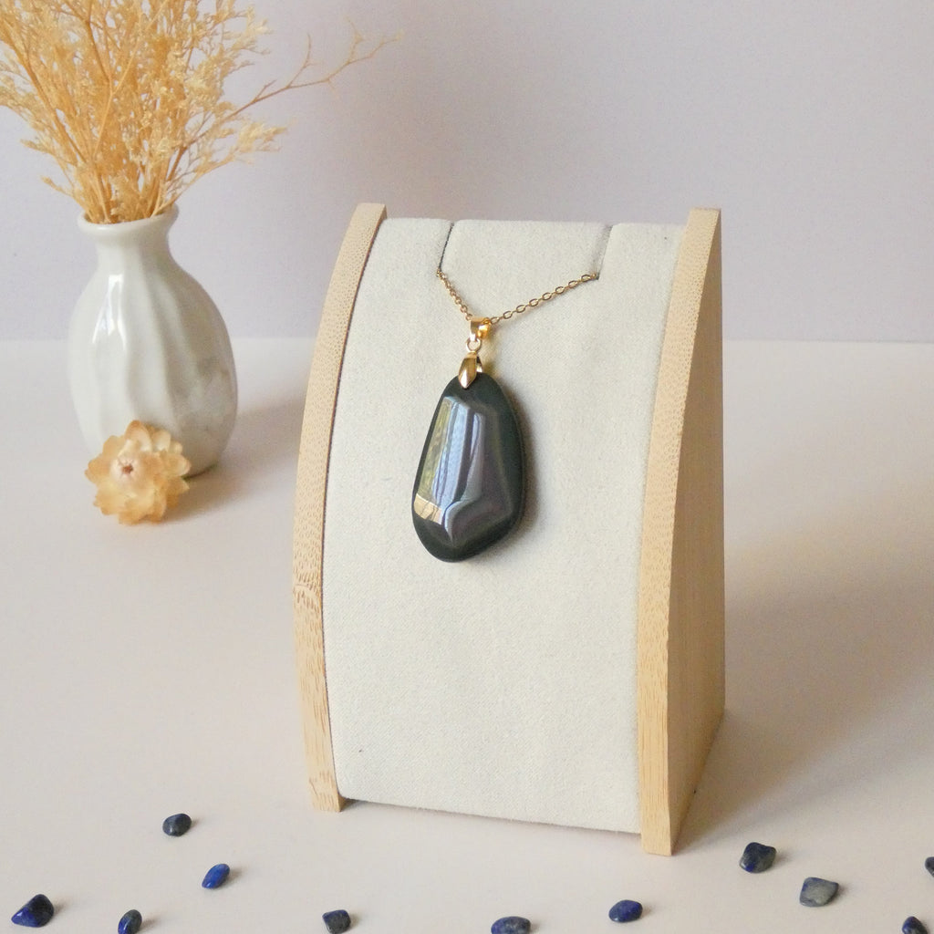 Pendentif forme libre obsidienne oeil céleste 3,7 cm – Bélière dorée