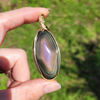 Grand pendentif obsidienne oeil céleste 6,2 cm wire wrapping doré