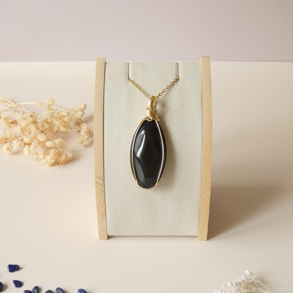 Grand pendentif obsidienne oeil céleste 6,2 cm wire wrapping doré
