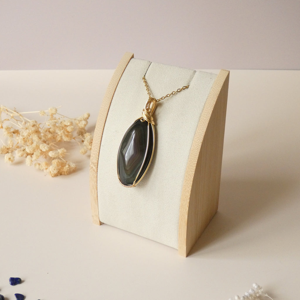 Grand pendentif obsidienne oeil céleste 6,2 cm wire wrapping doré