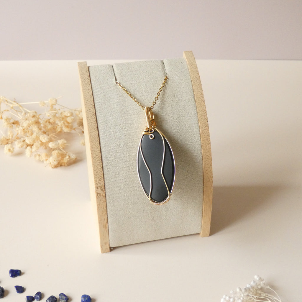 Grand pendentif obsidienne oeil céleste 6,2 cm wire wrapping doré
