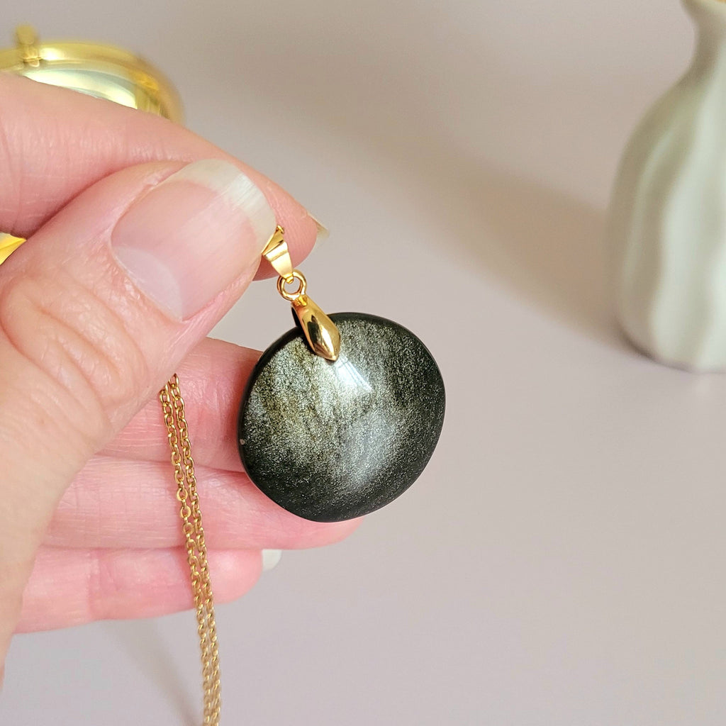 Pendentif obsidienne dorée 2,7 cm bélière dorée