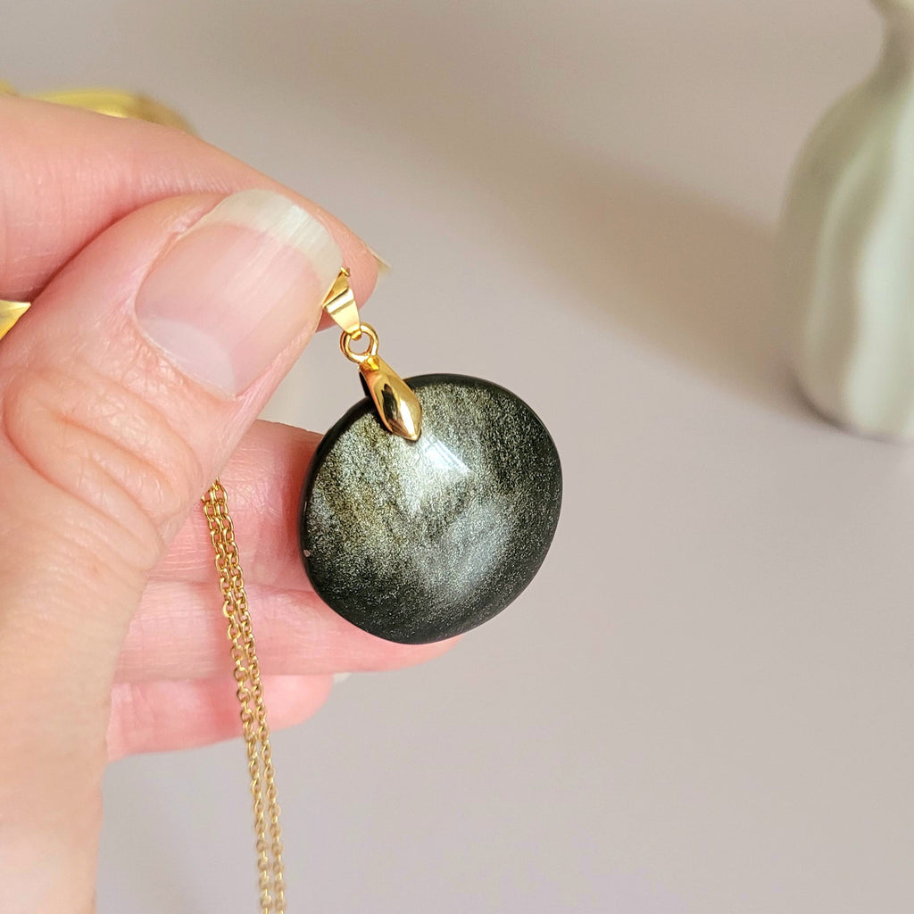 Pendentif obsidienne dorée 2,7 cm bélière dorée