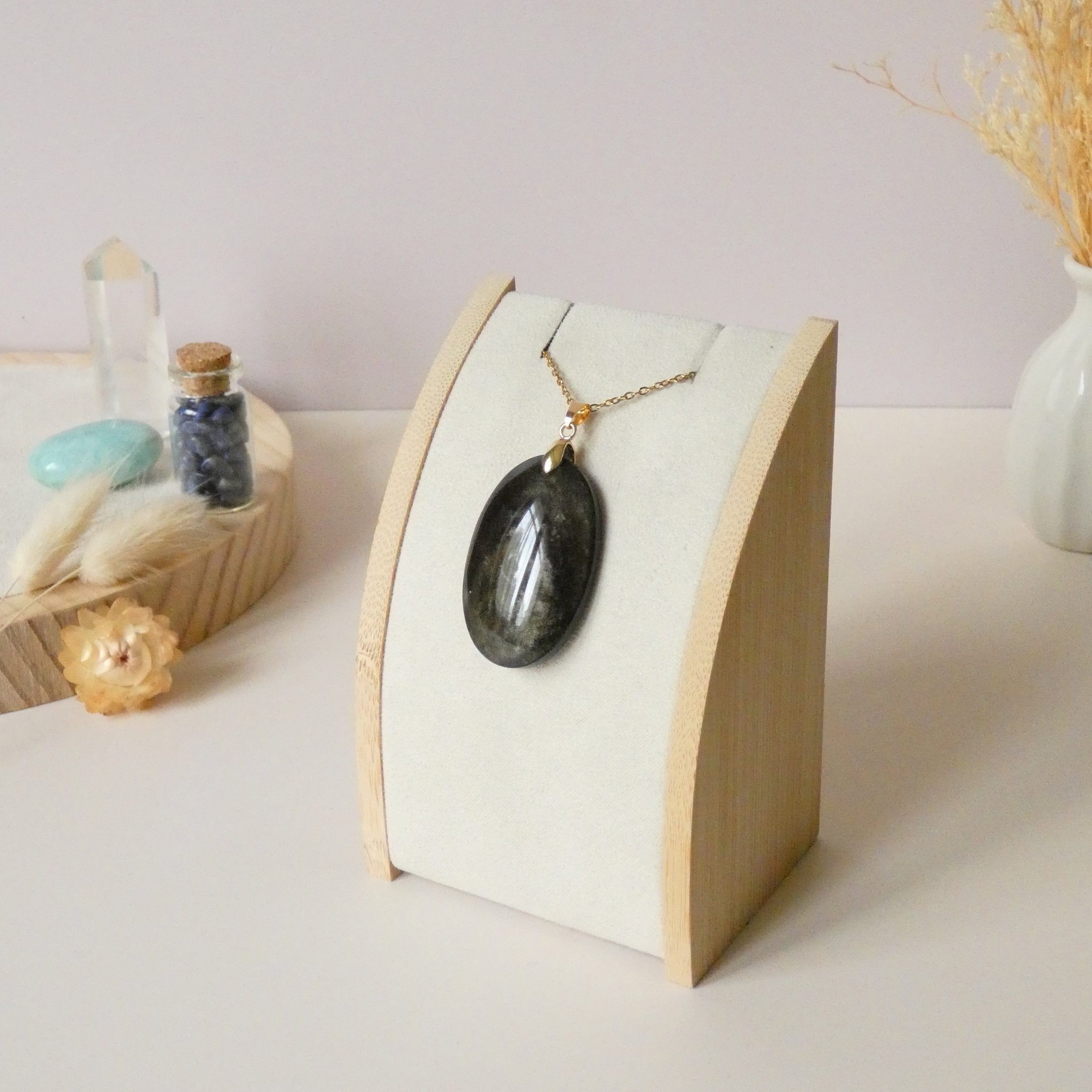 Pendentif obsidienne dorée 4,1 cm bélière dorée