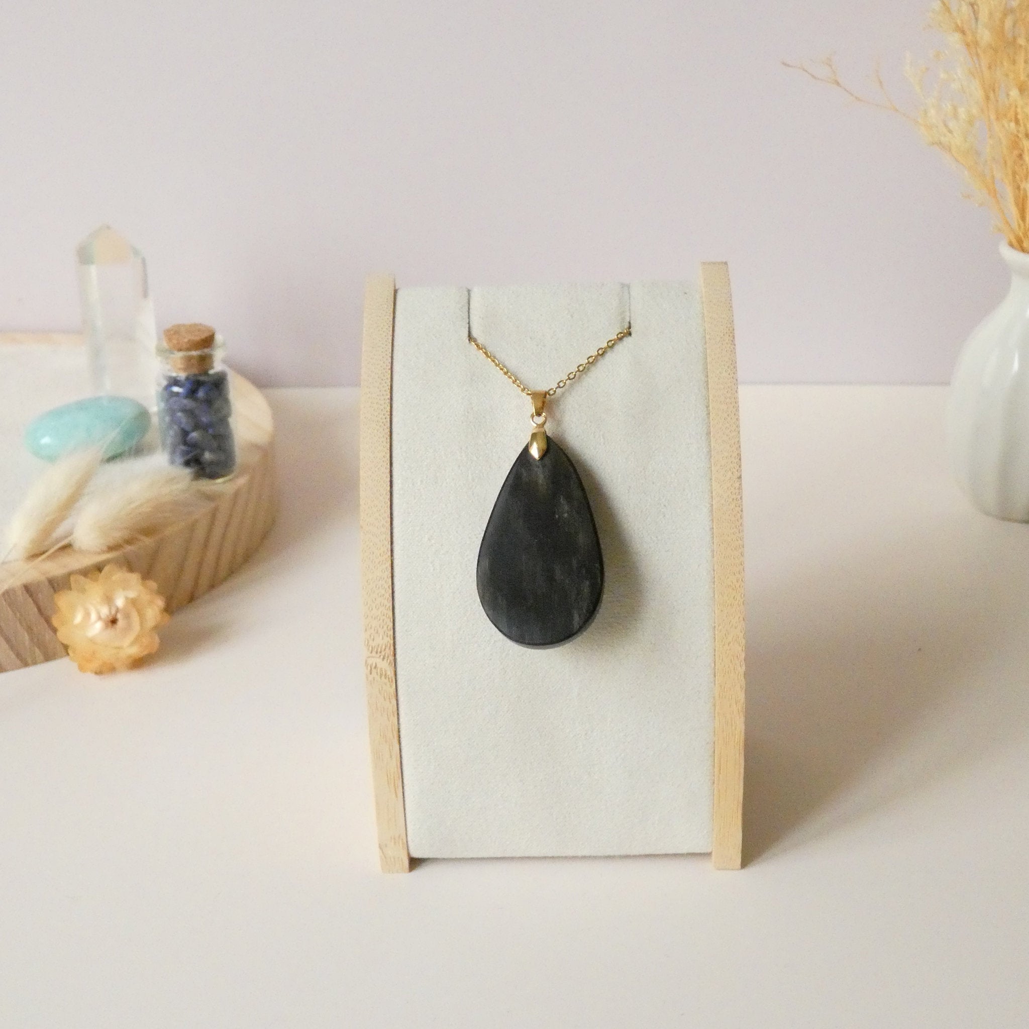 Pendentif obsidienne dorée 4,3 cm bélière dorée