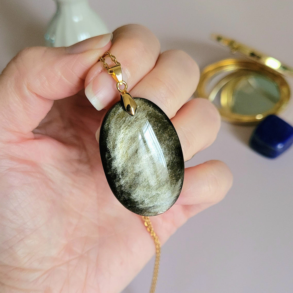 Pendentif obsidienne dorée 4 cm bélière dorée