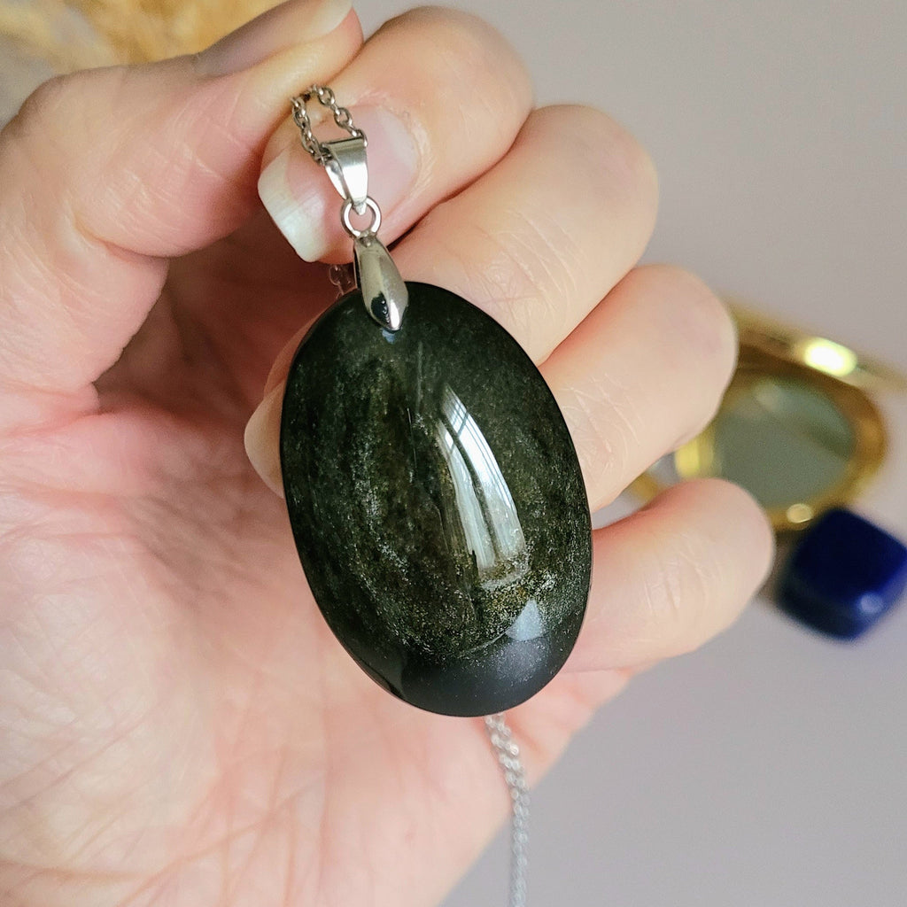 Pendentif obsidienne dorée 4 cm bélière argentée