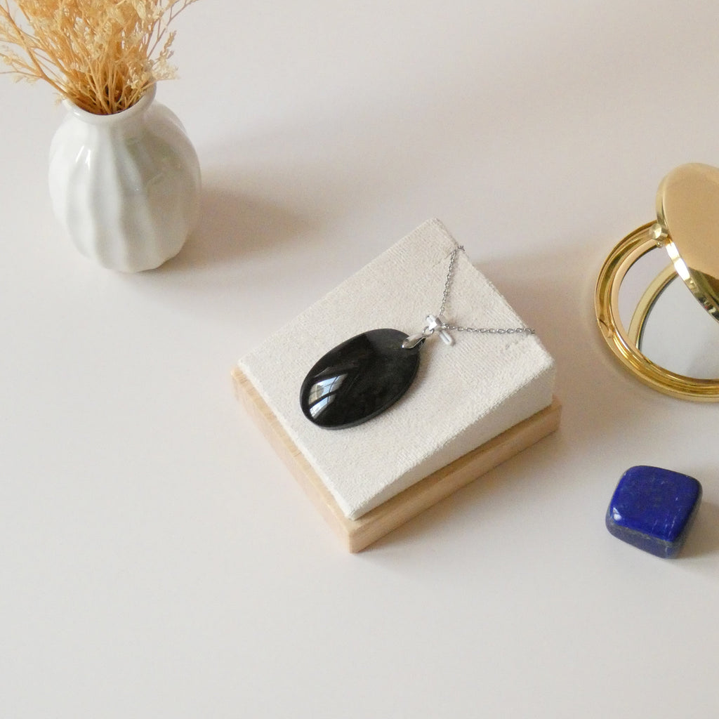 Pendentif obsidienne dorée 4 cm bélière argentée