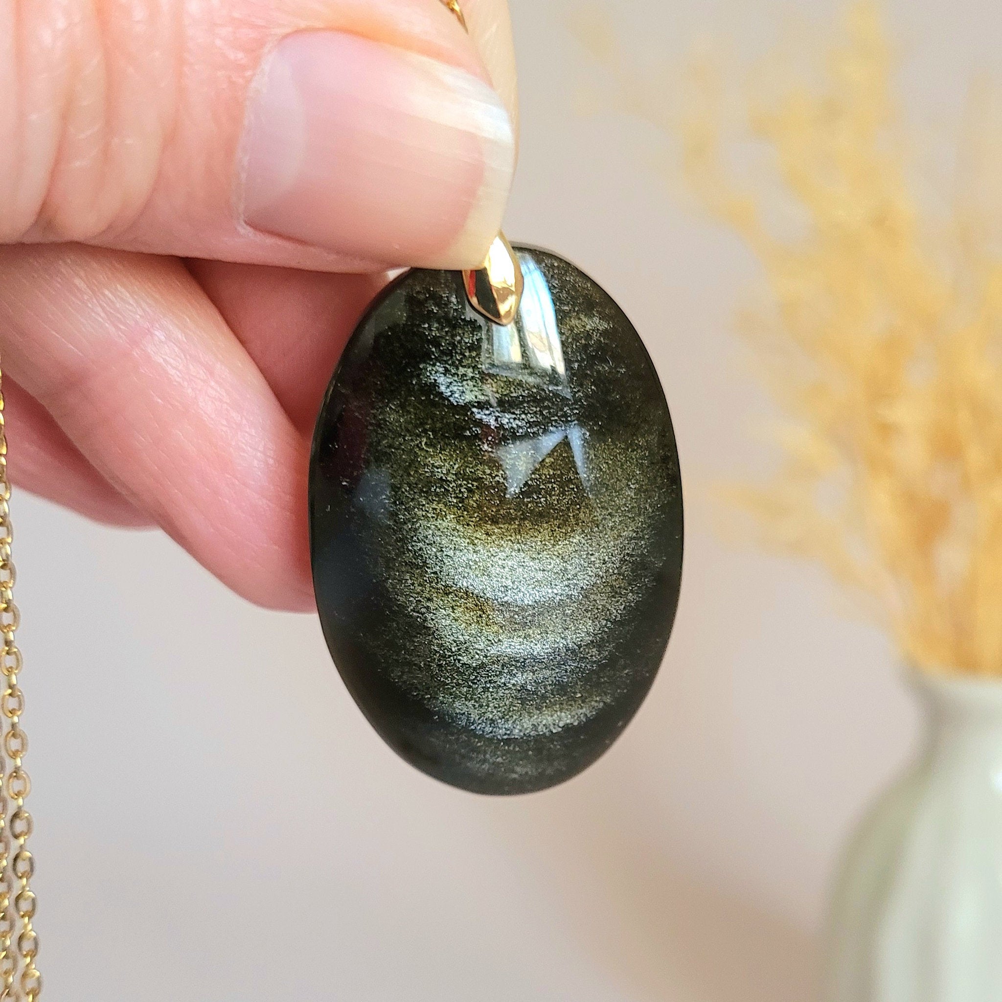 Pendentif en obsidienne dorée bélière dorée – 4 cm