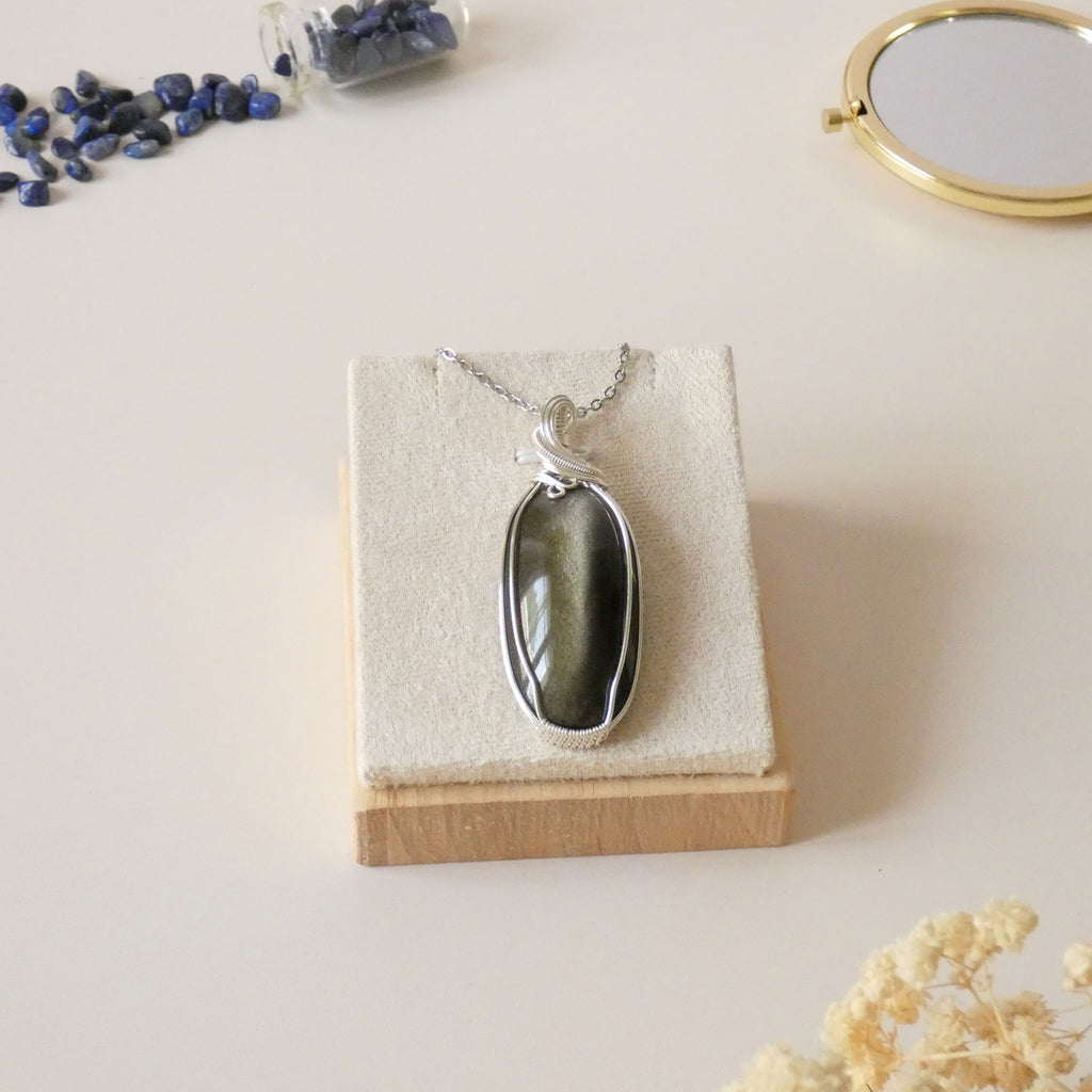 Pendentif obsidienne dorée 6,2 cm wire wrapping argenté
