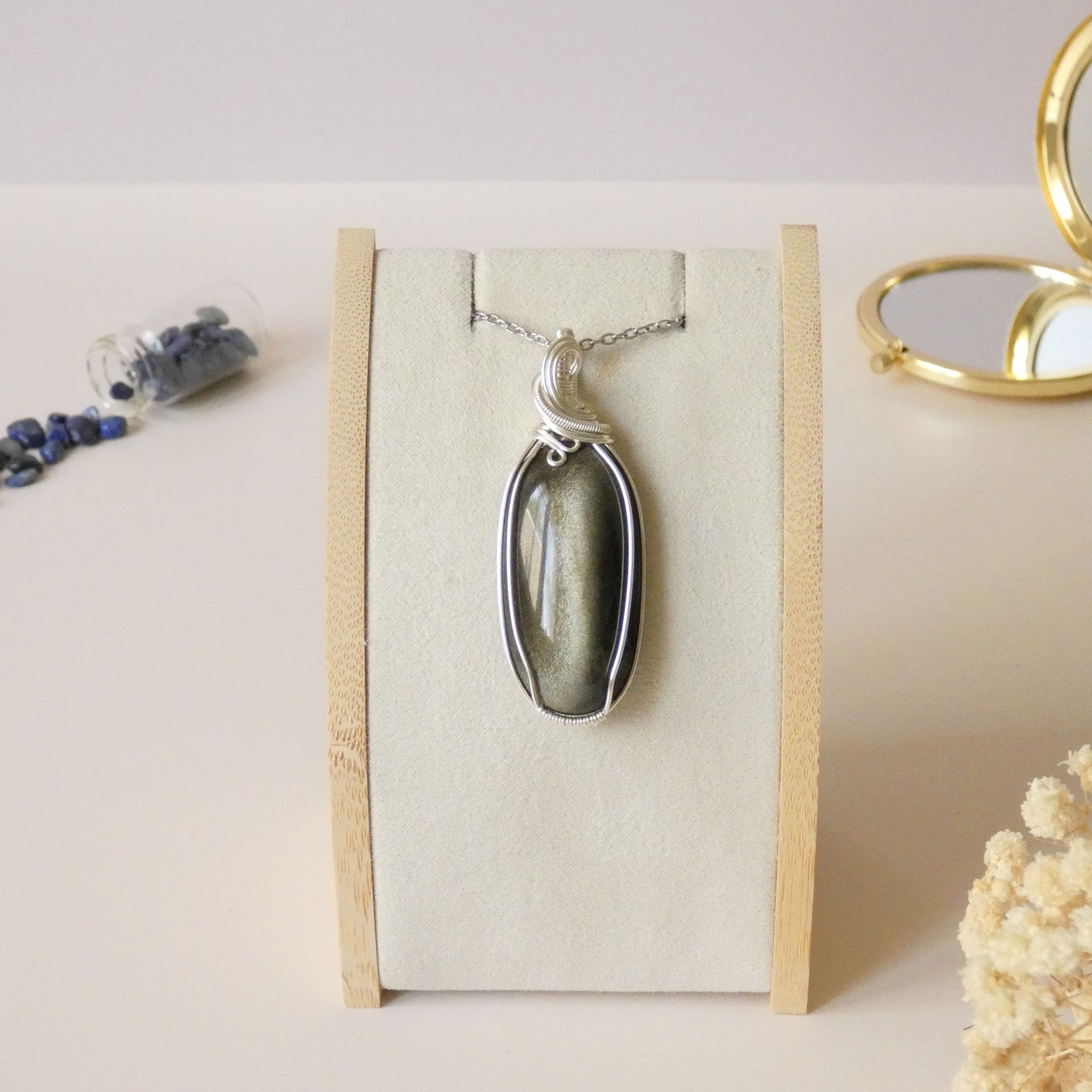 Pendentif obsidienne dorée 6,2 cm wire wrapping argenté