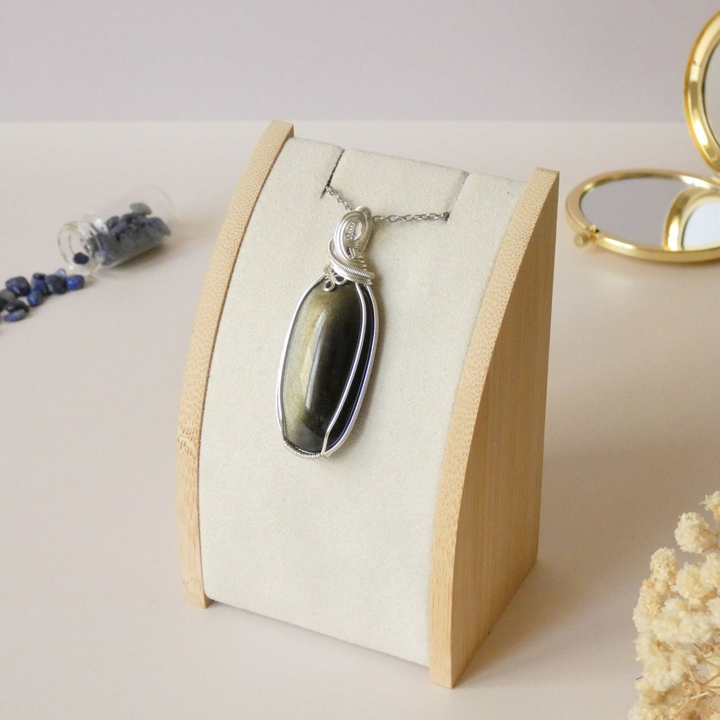 Pendentif obsidienne dorée 6,2 cm wire wrapping argenté