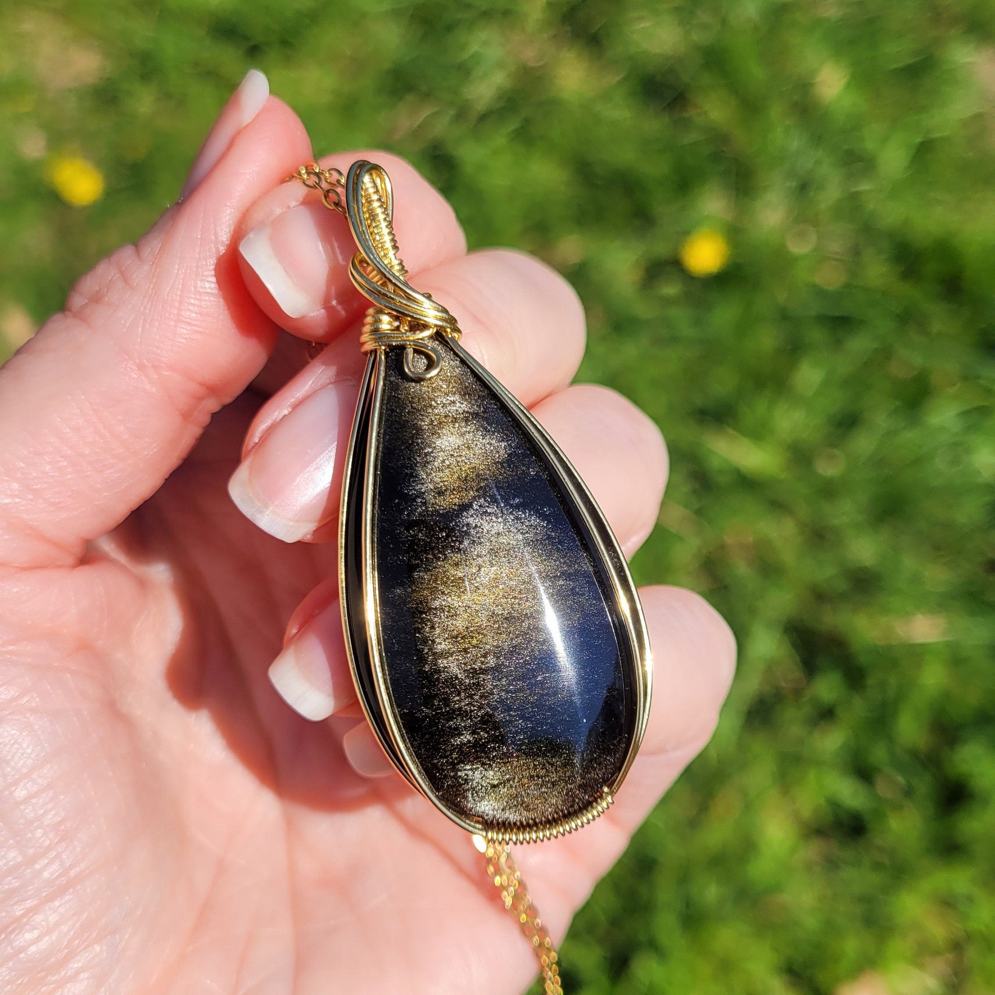 Pendentif en obsidienne dorée – 6,2 cm – Wire wrapping