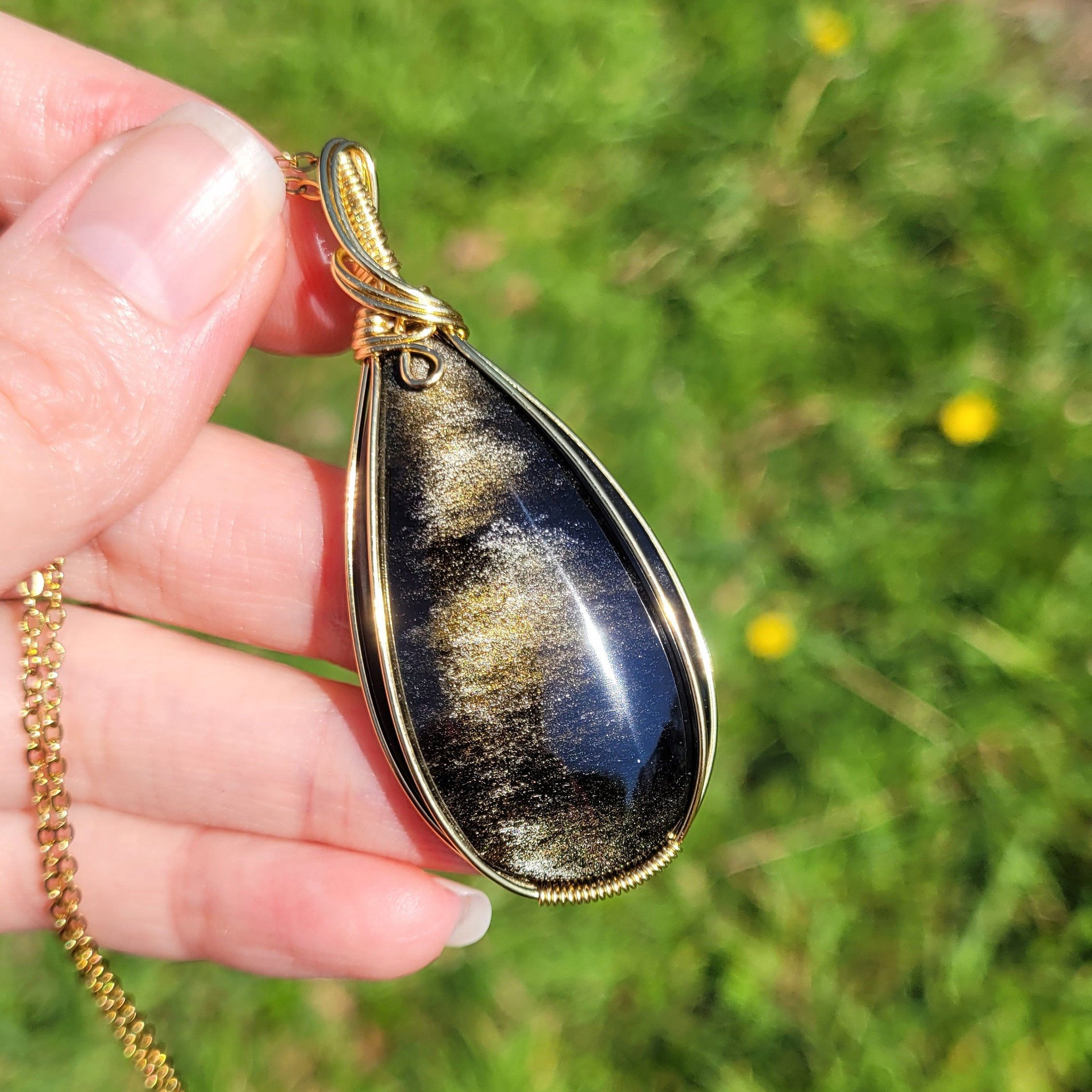 Pendentif en obsidienne dorée – 6,2 cm – Wire wrapping