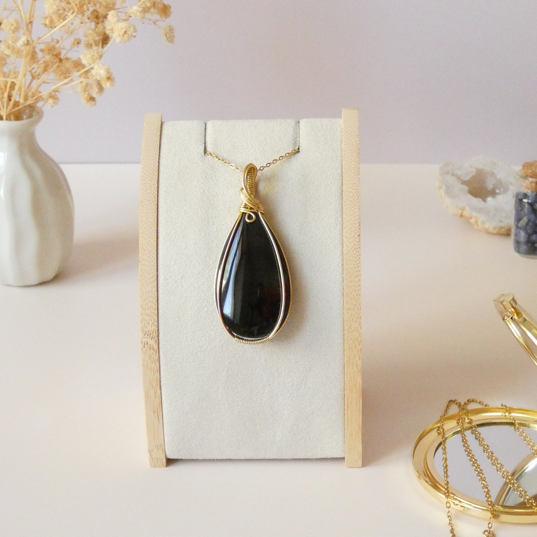 Pendentif en obsidienne dorée – 6,2 cm – Wire wrapping