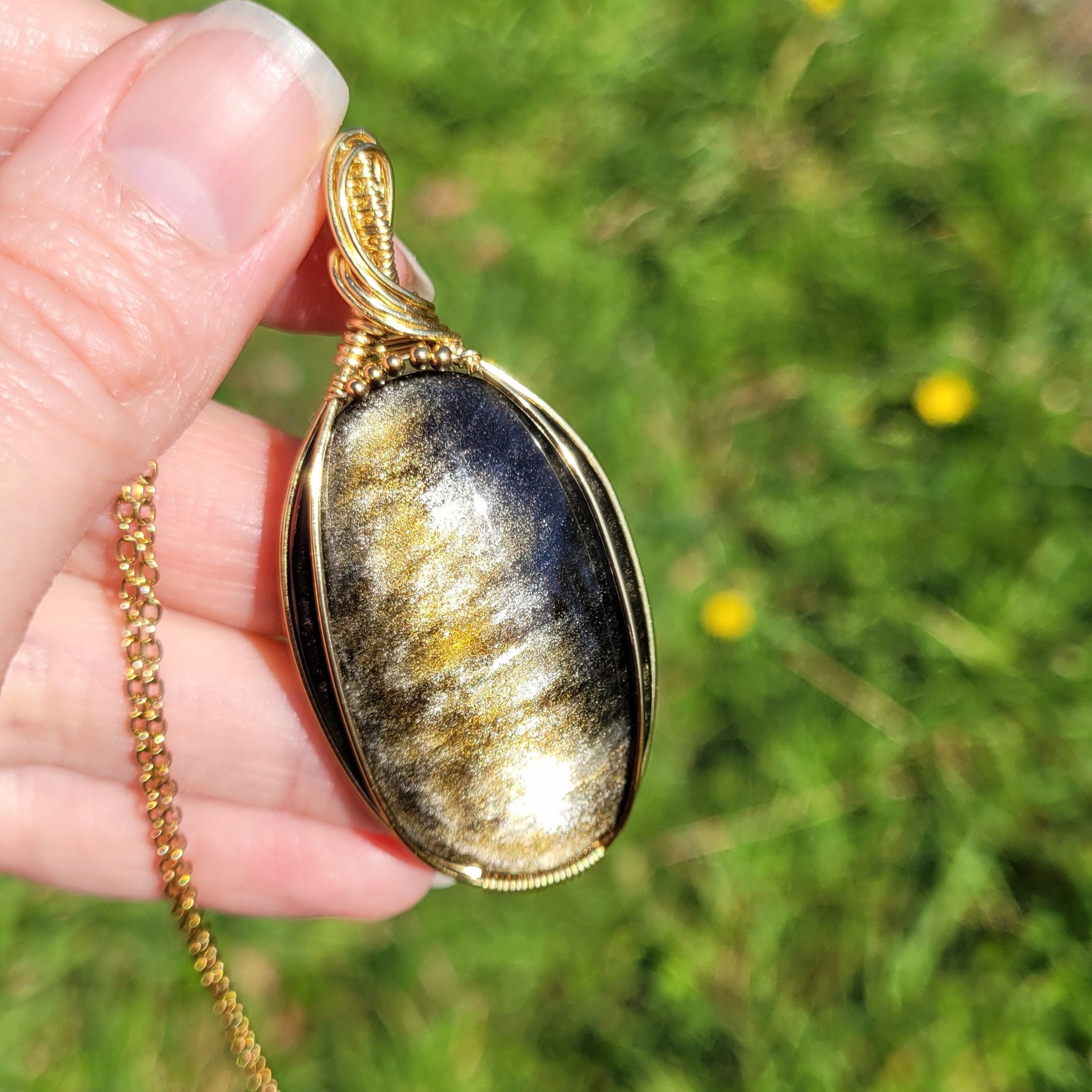 Pendentif en obsidienne dorée – 6 cm – Wire wrapping
