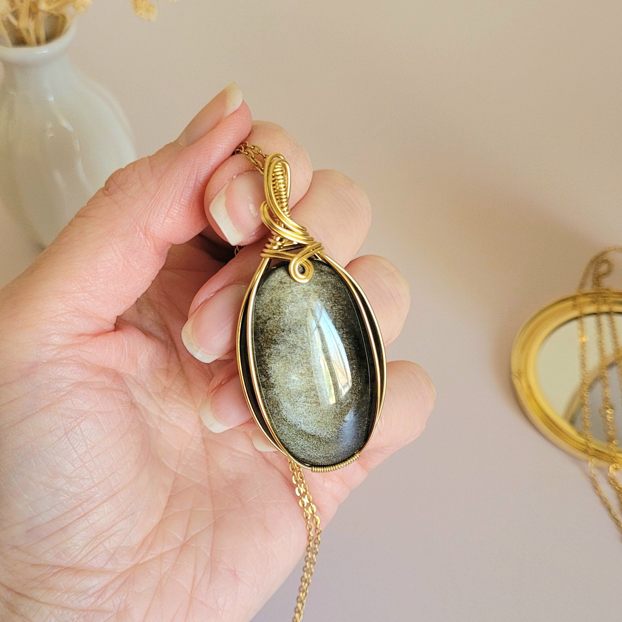Pendentif en obsidienne dorée – 5,9 cm – Wire wrapping