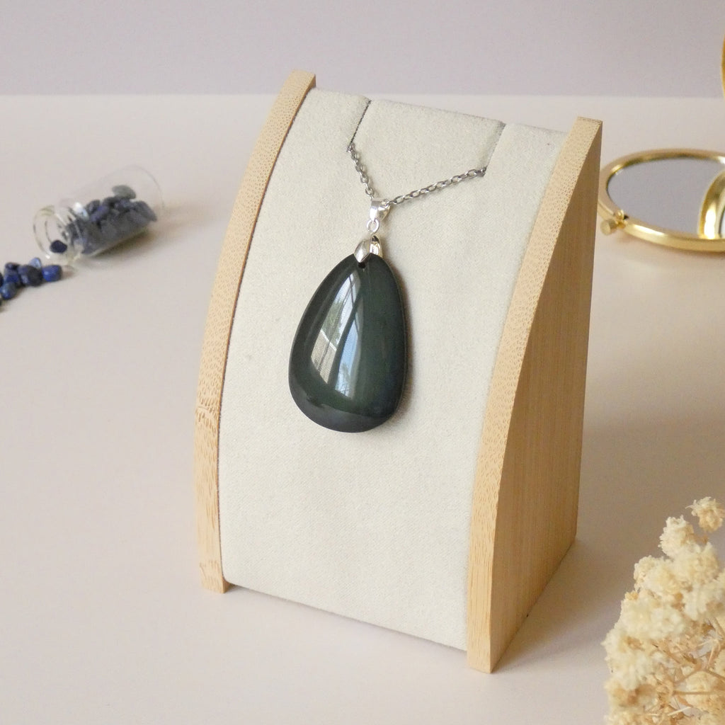 Pendentif obsidienne manta huichol 4 cm bélière argentée