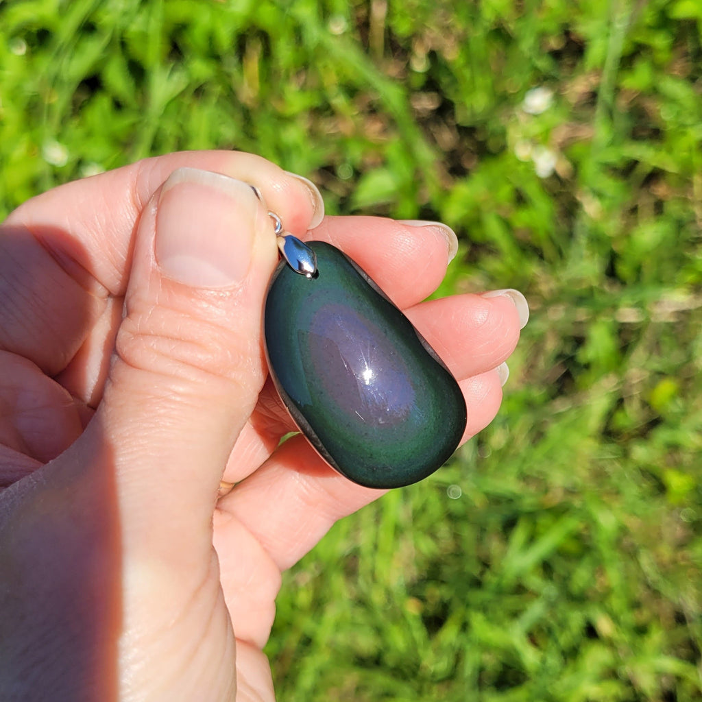 Pendentif en obsidienne oeil céleste 3,7 cm bélière argentée