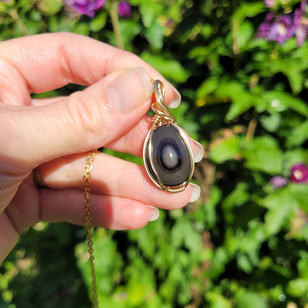 Pendentif obsidienne oeil céleste 3,8 cm wire wrapping