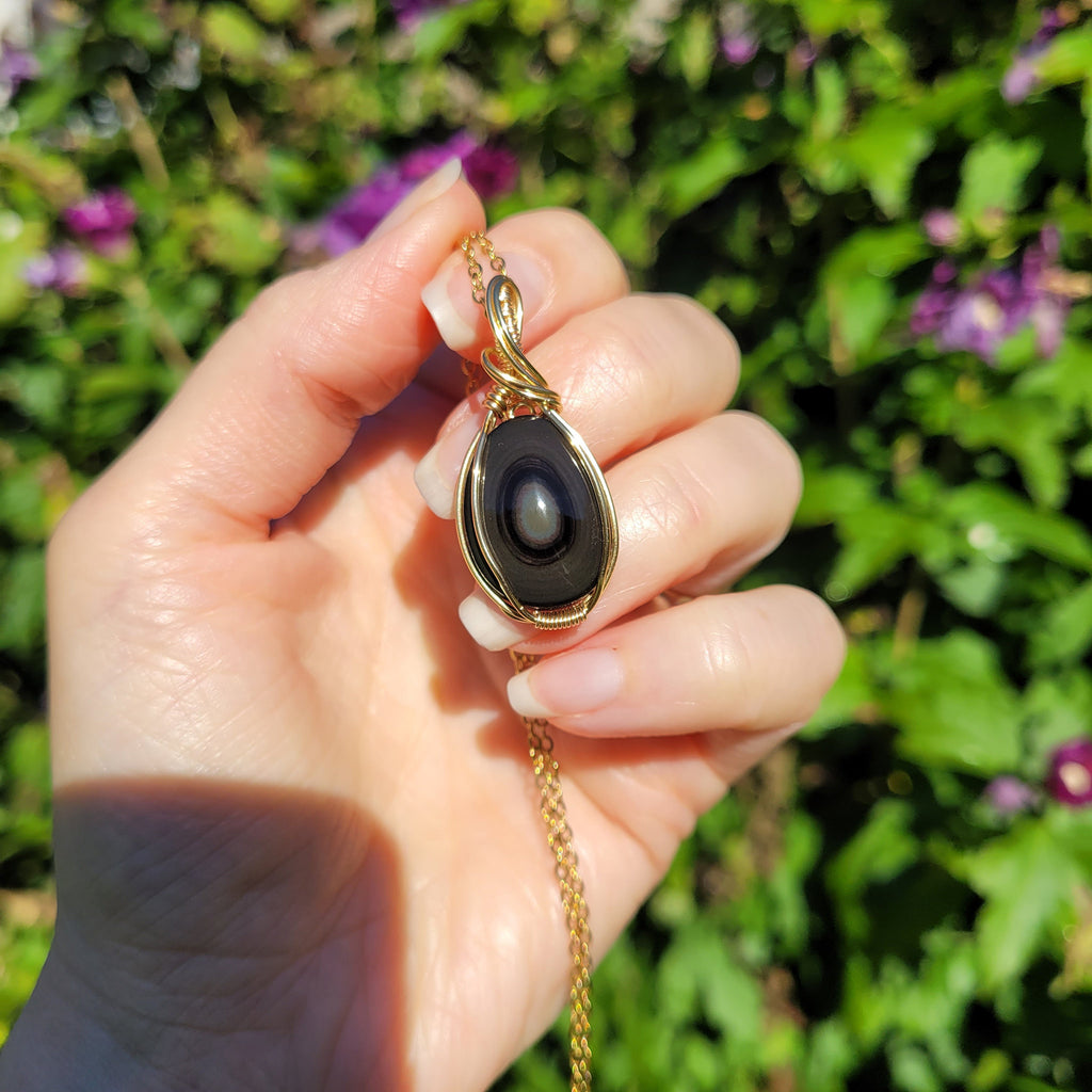 Pendentif obsidienne oeil céleste 3,8 cm wire wrapping