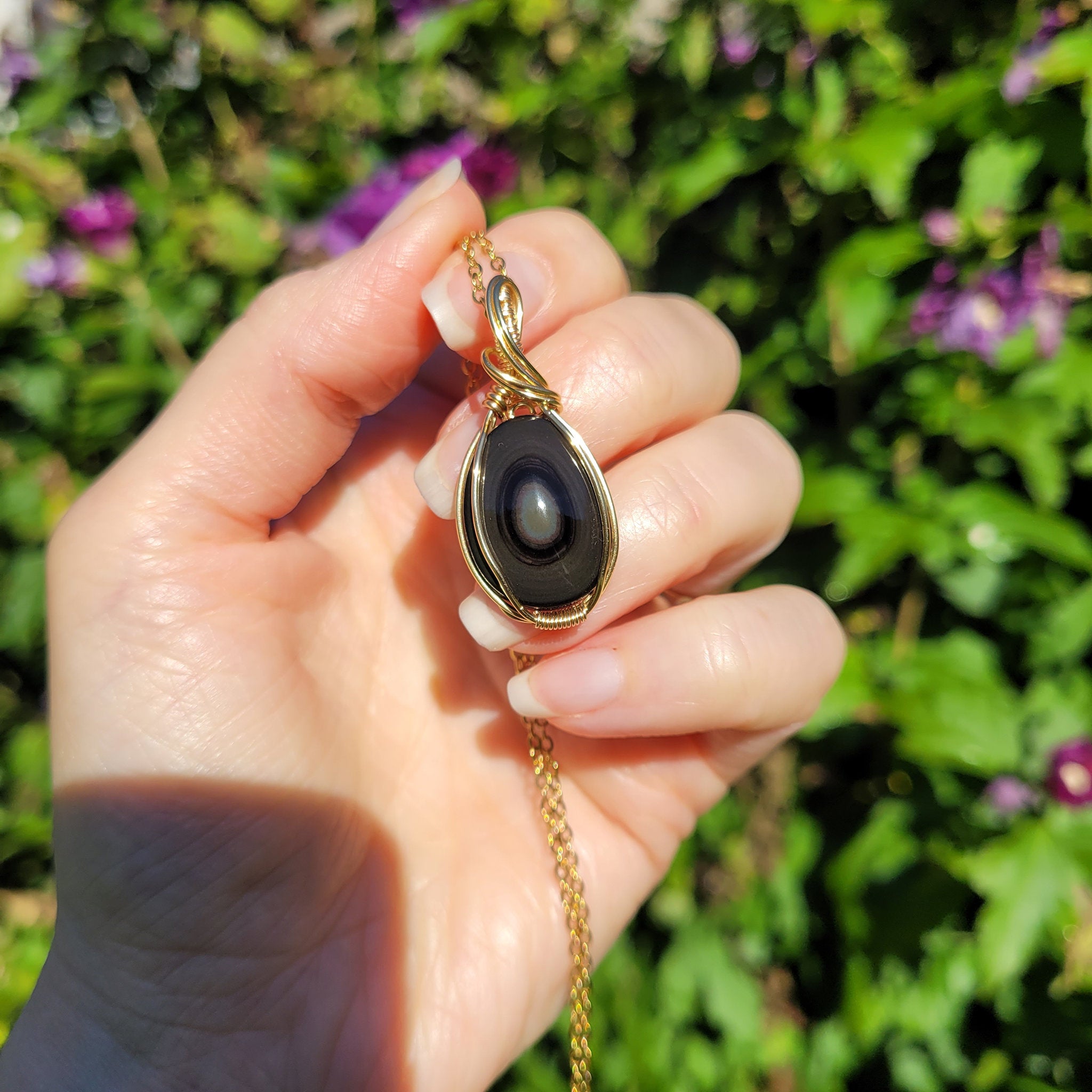 Pendentif obsidienne oeil céleste 3,8 cm wire wrapping