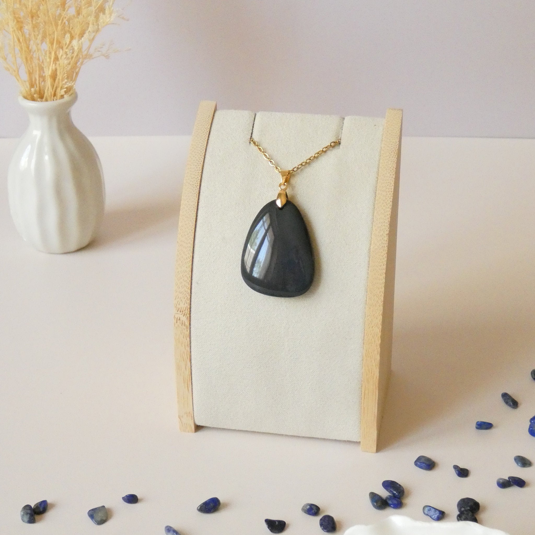 Pendentif en obsidienne oeil céleste 3,6 cm bélière dorée