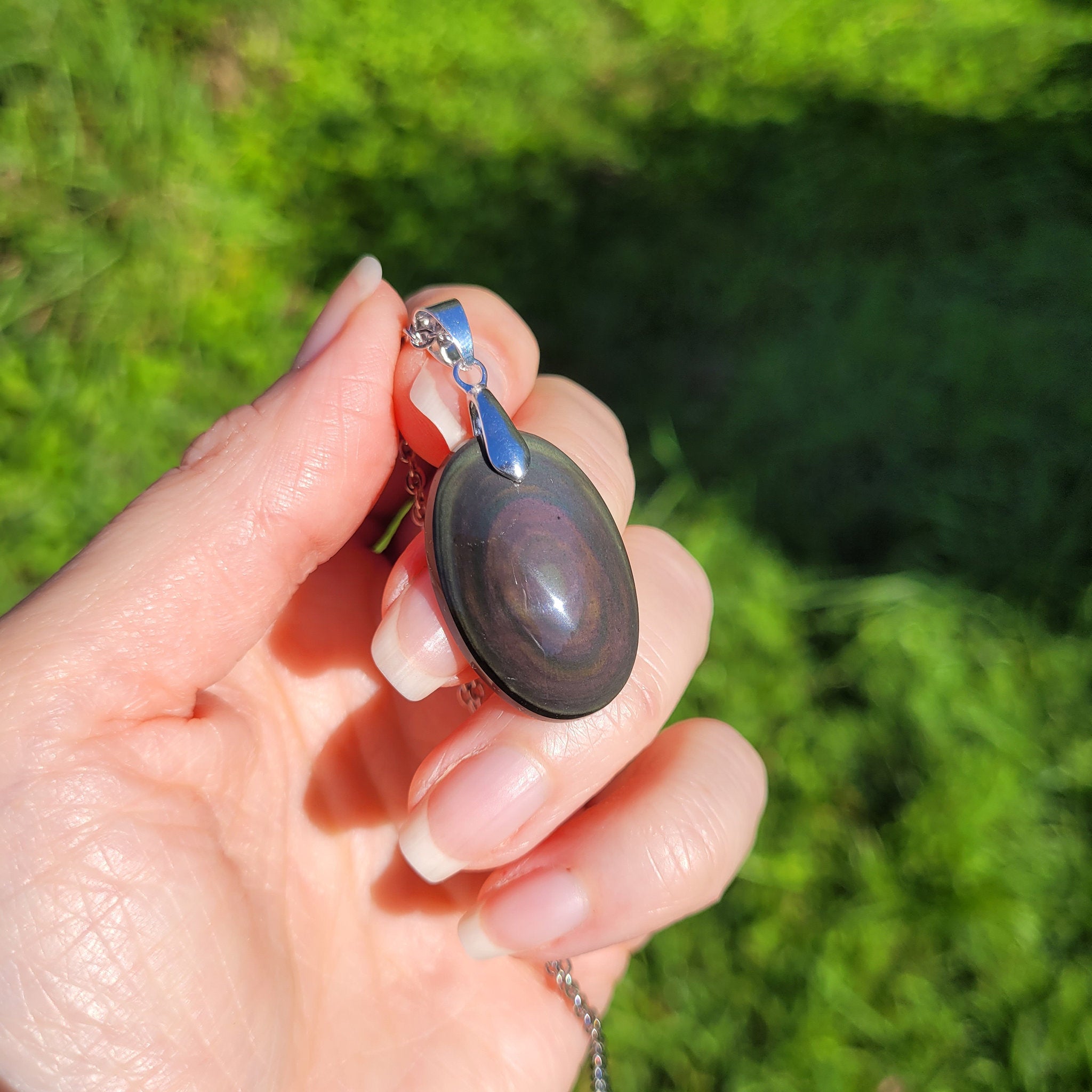 Pendentif en obsidienne oeil céleste 2,9 cm bélière argentée