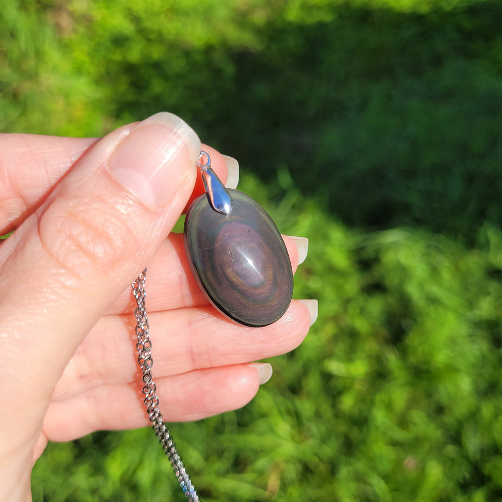 Pendentif en obsidienne oeil céleste 2,9 cm bélière argentée