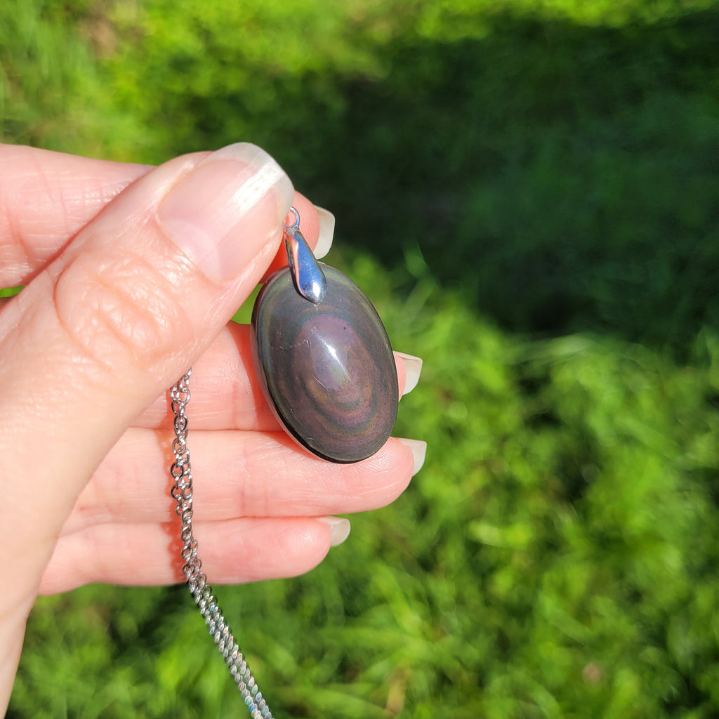 Pendentif en obsidienne oeil céleste 2,9 cm bélière argentée