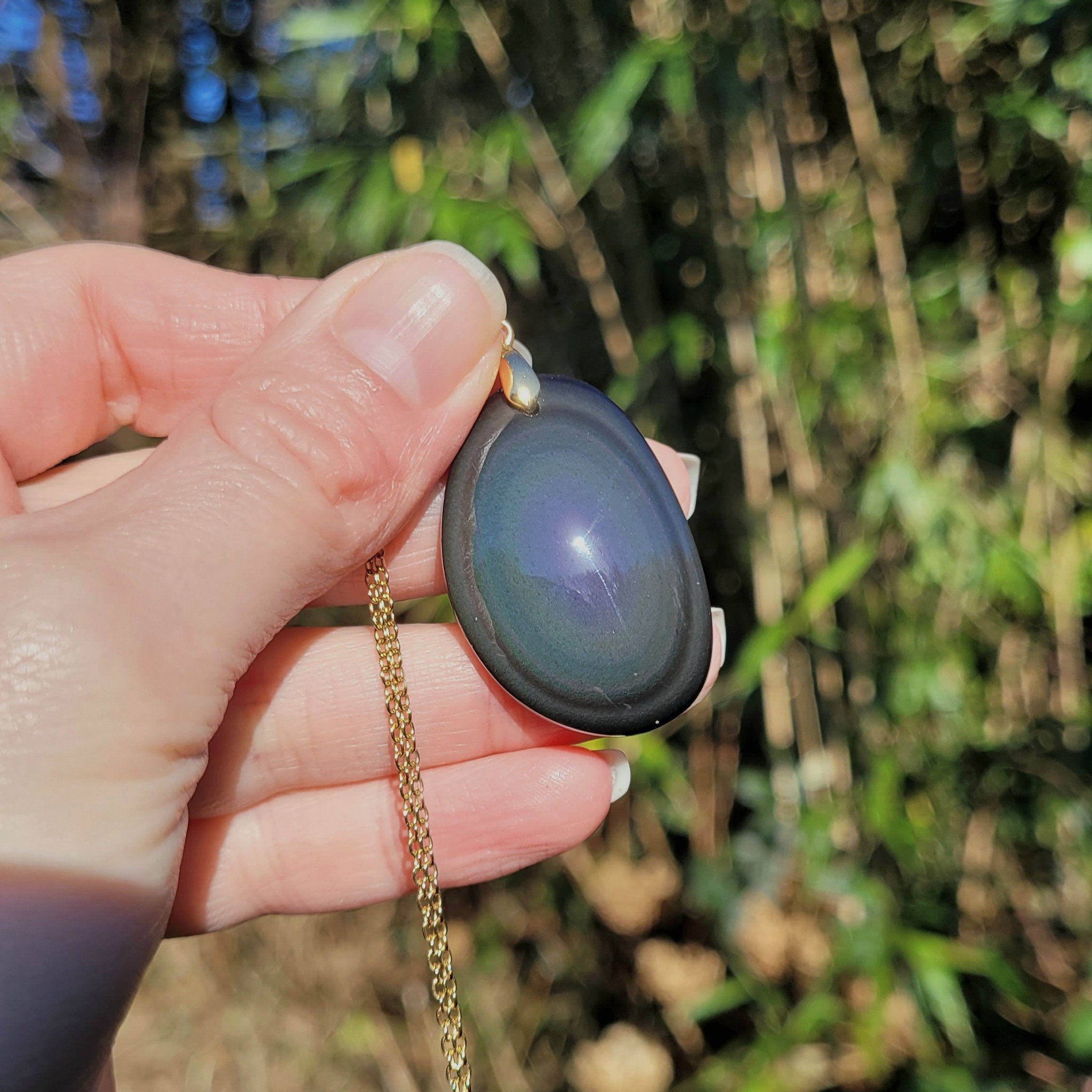 Pendentif obsidienne œil céleste 3,8 cm, bélière dorée