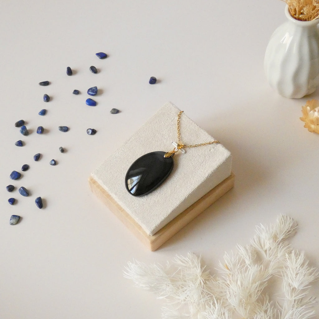 Pendentif obsidienne œil céleste 3,8 cm, bélière dorée