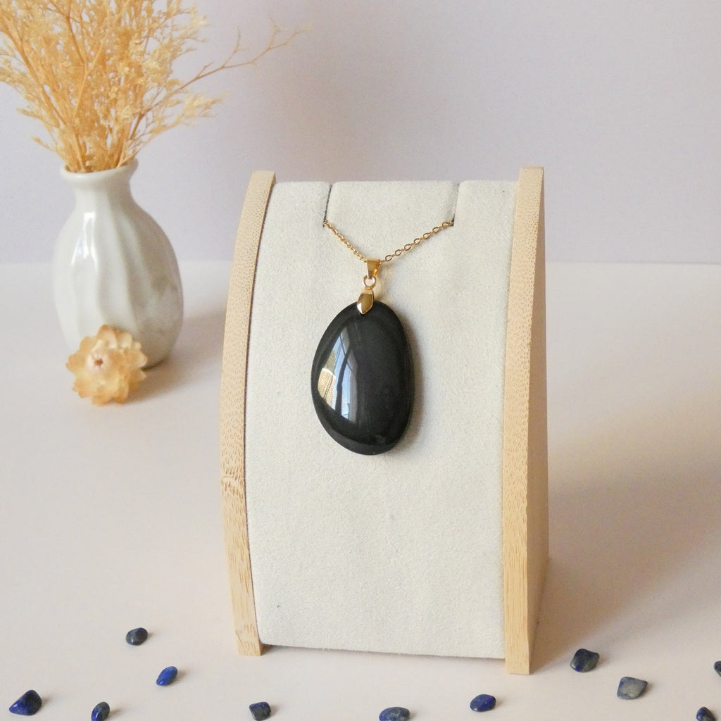 Pendentif obsidienne œil céleste 3,8 cm, bélière dorée