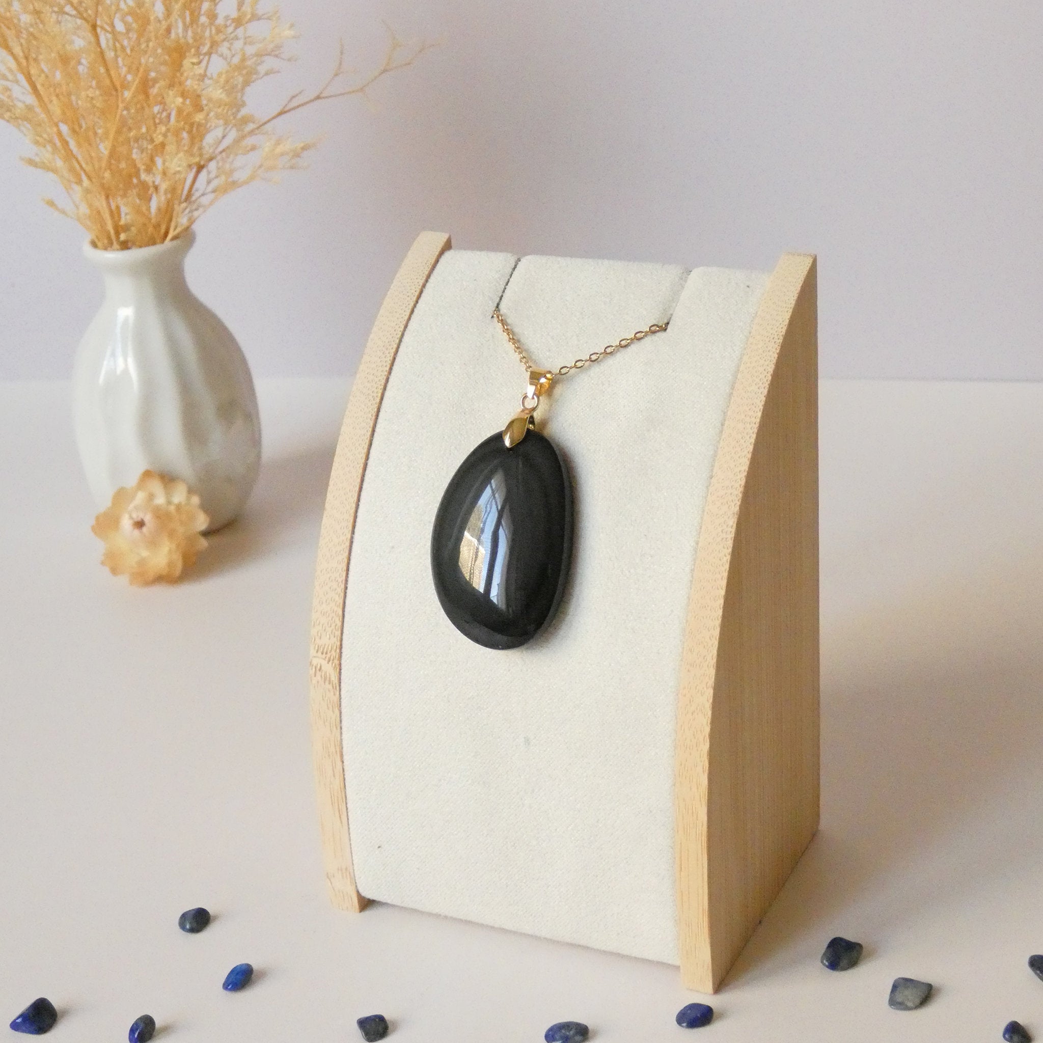 Pendentif obsidienne œil céleste 3,8 cm, bélière dorée