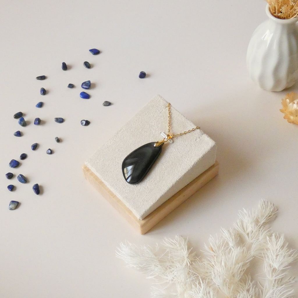 Pendentif obsidienne œil céleste – bélière dorée – 3,7 cm